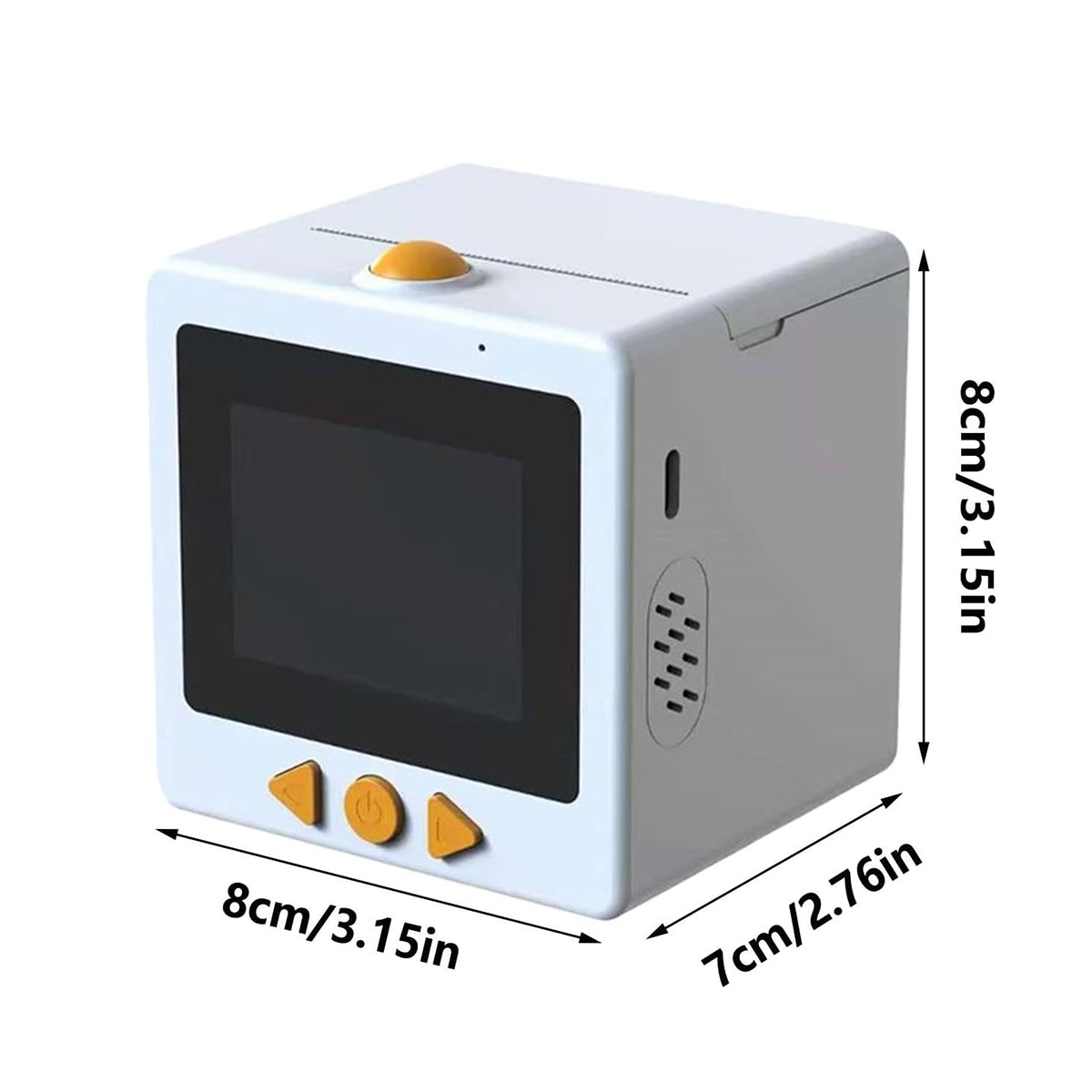 Dispositivo cúbico blanco con pantalla, botones amarillos y etiquetas de tamaño.