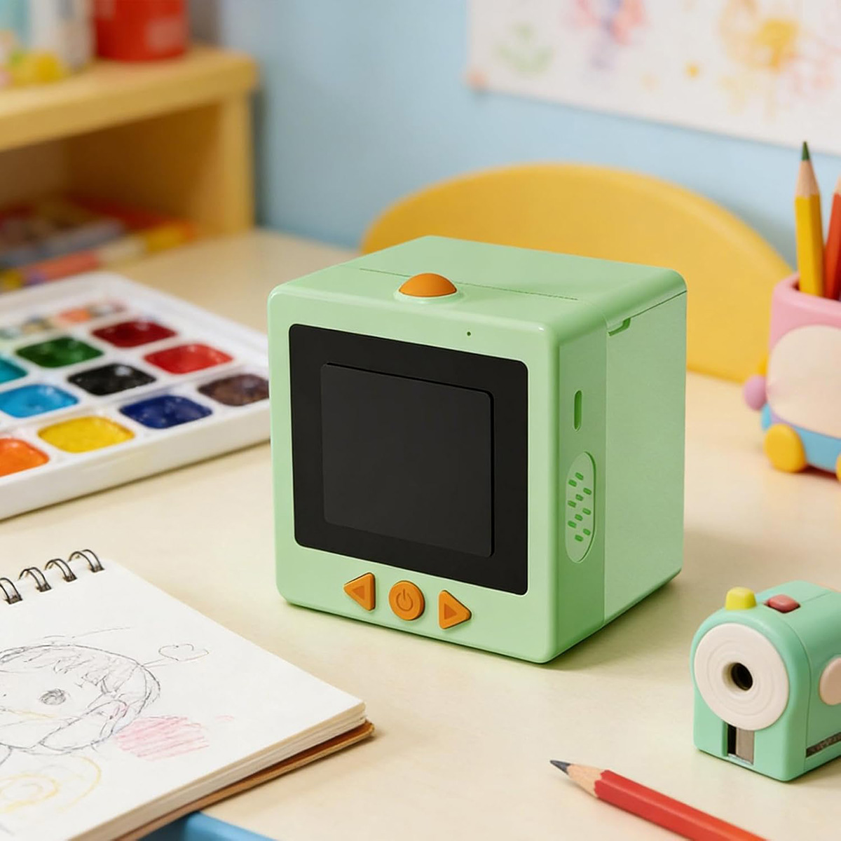Un dispositivo verde cúbico con pantalla está sobre un escritorio junto a acuarelas y un cuaderno.