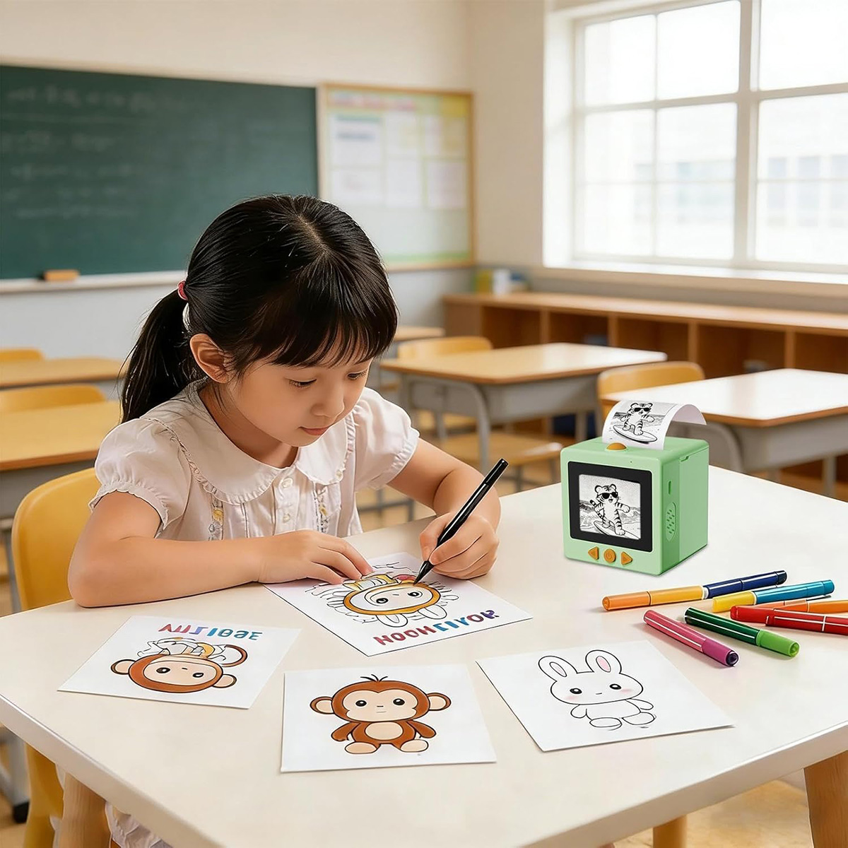Una niña dibuja en un aula con una pequeña impresora.