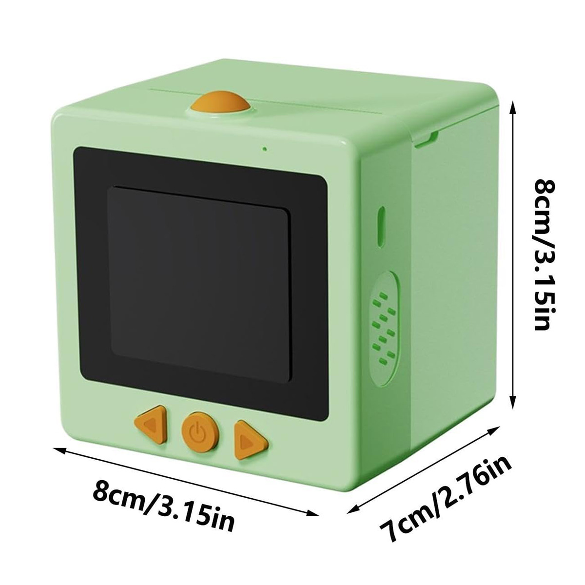 Un temporizador verde claro en forma de cubo con pantalla negra y botones naranjas.