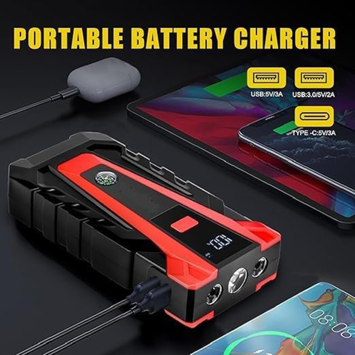 Cargador portátil con detalles rojos, cargando un smartphone y auriculares.
