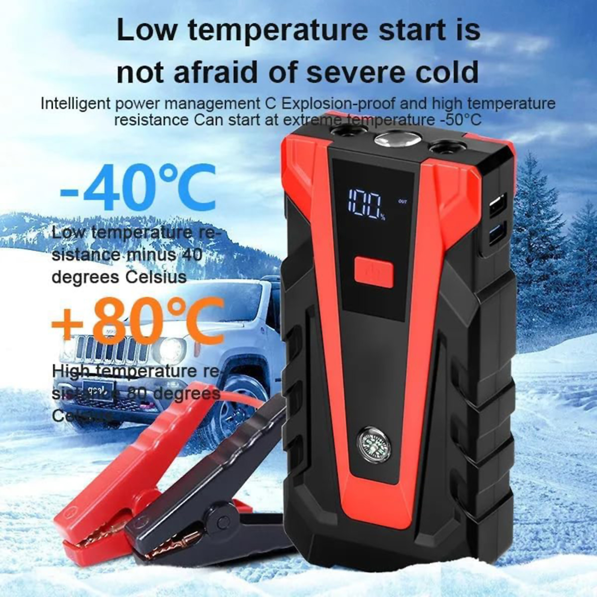 Un arrancador de coche rojo y negro con cables delante de un Jeep nevado.