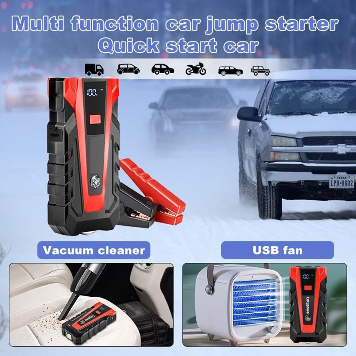 Arrancador de coches multifunción, aspiradora y ventilador USB con coches en la nieve.