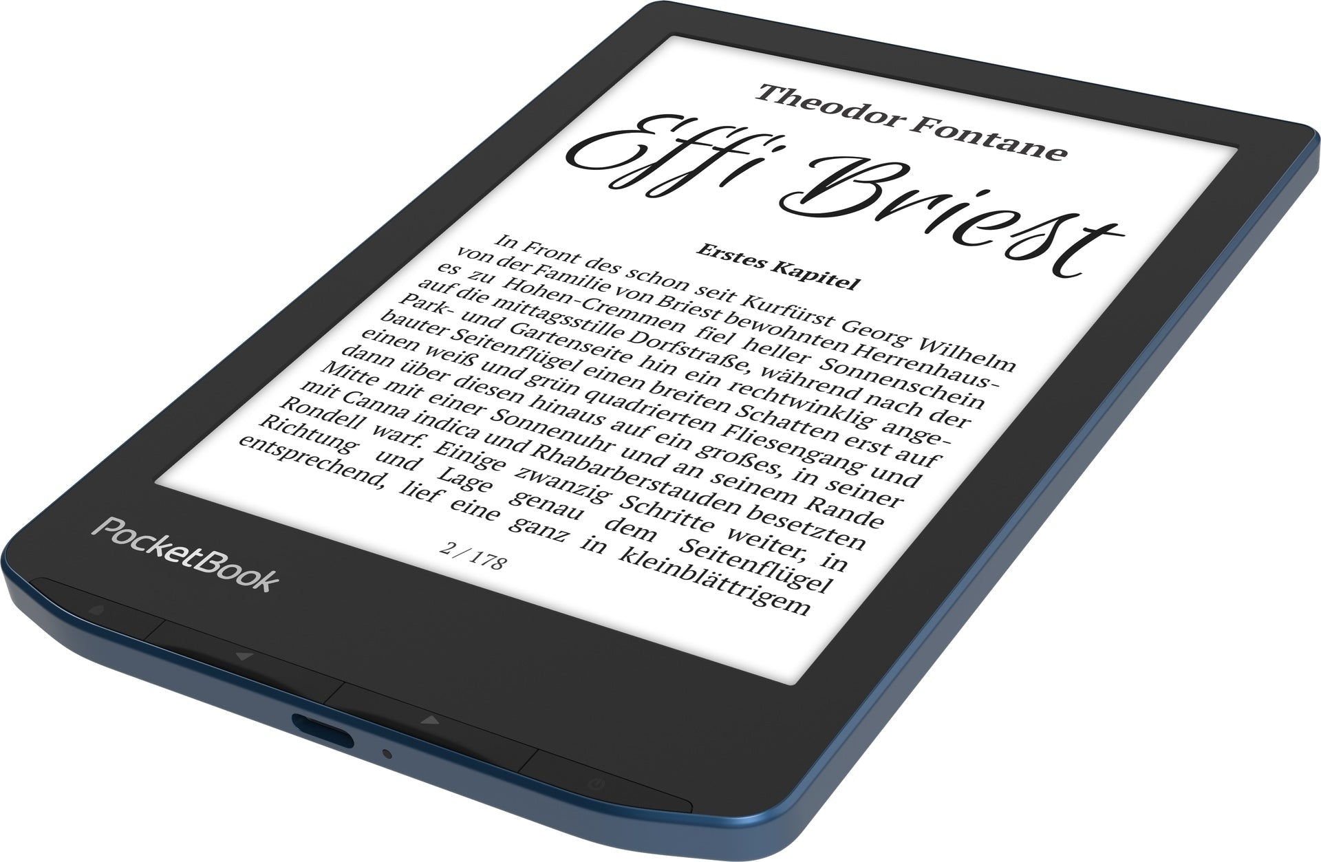 A blue PocketBook e-reader displays the text of Effi Briest.