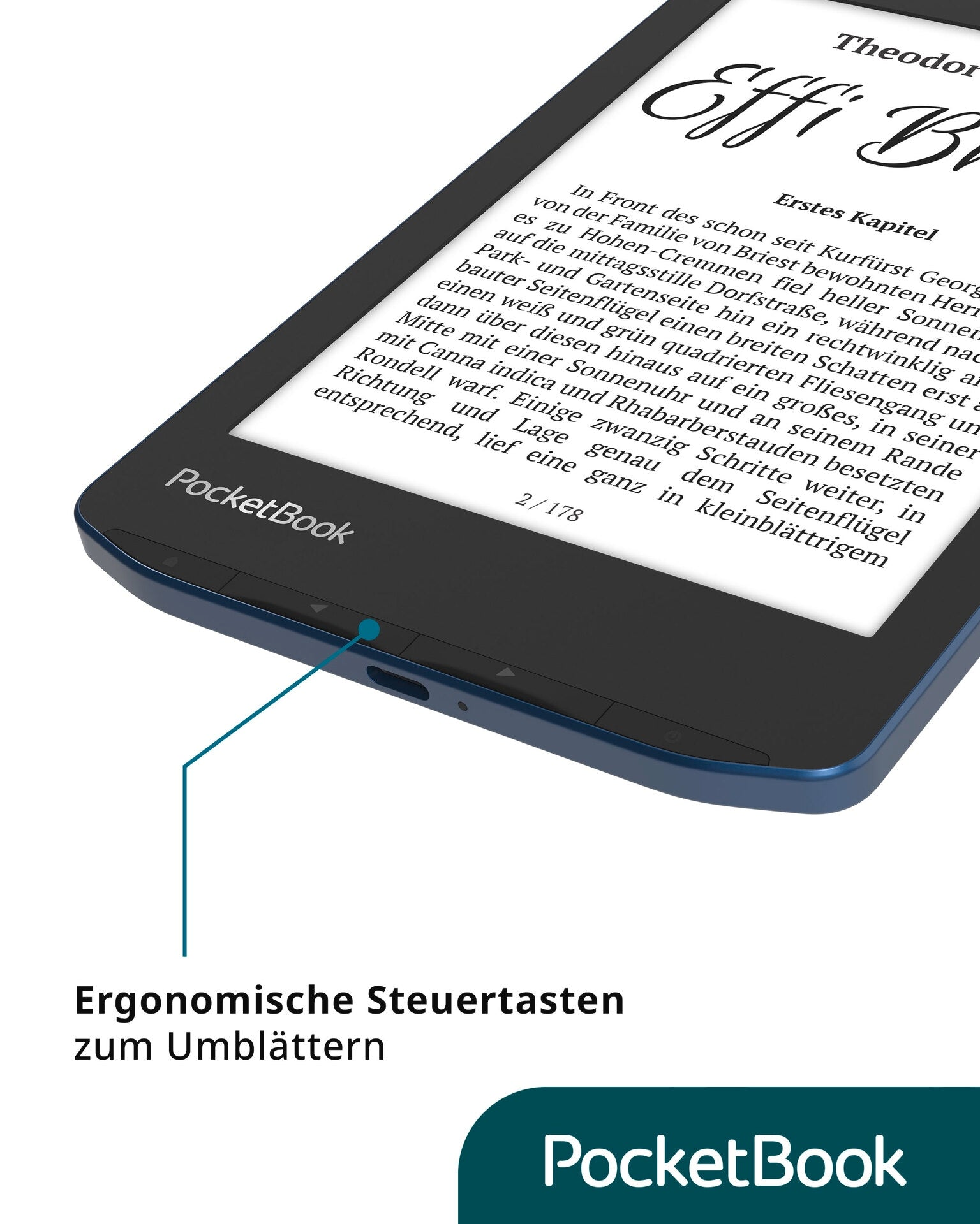 A dark blue PocketBook e-reader displaying text. The screen shows German text and the title 'Effi B'.