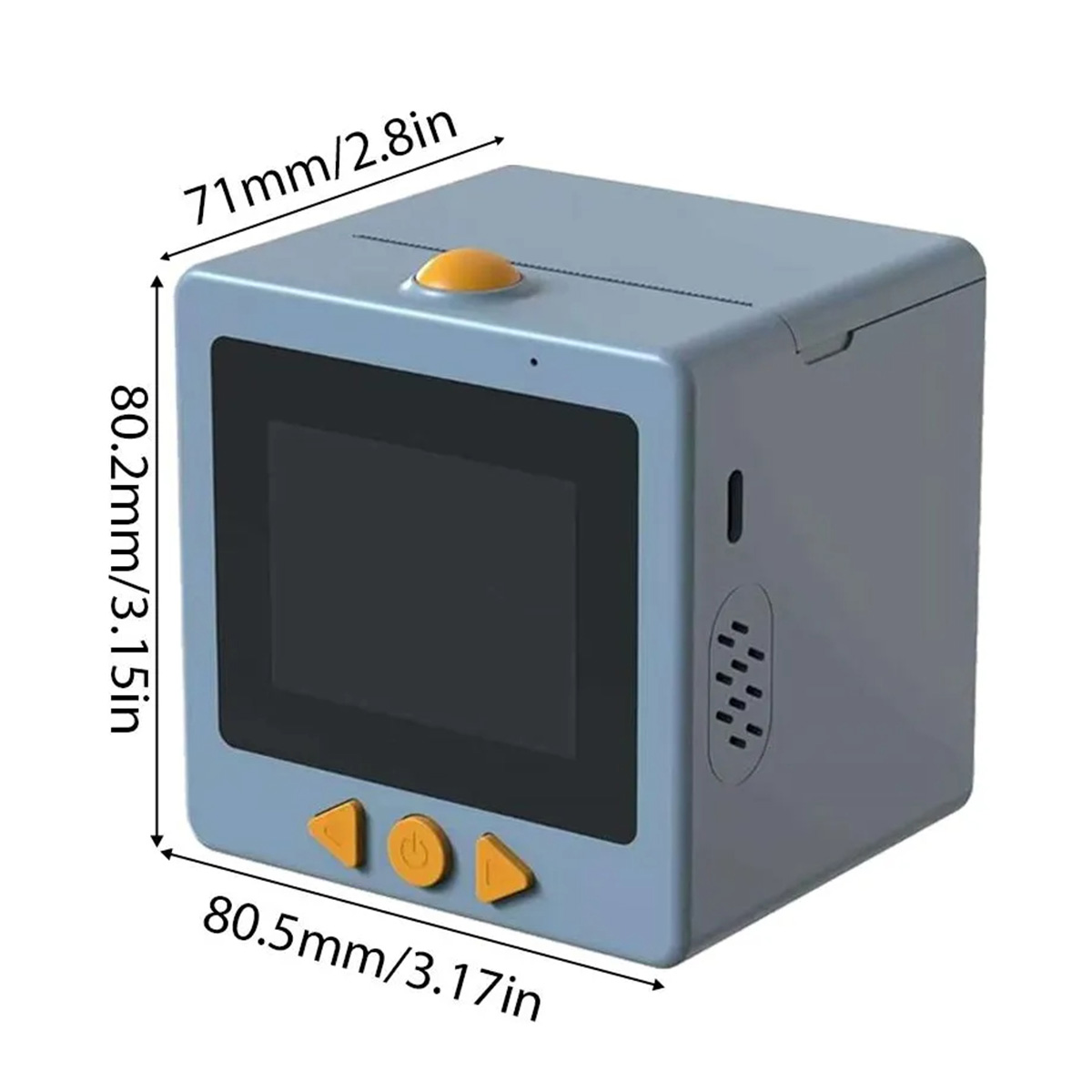 Un cubo gris con pantalla, botones amarillos y dimensiones.