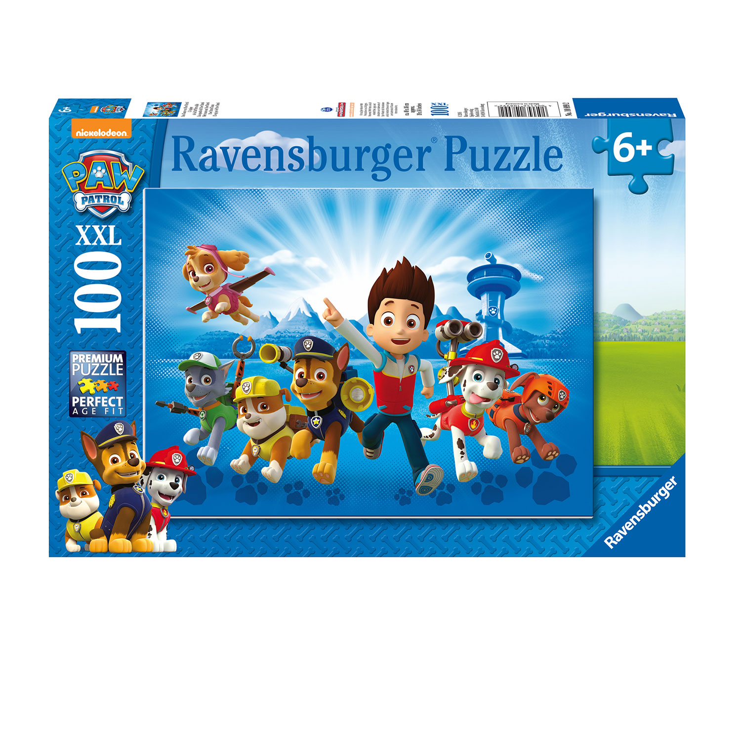 Puzzle Ravensburger Paw Patrol avec Ryder et six chiots sur fond de ciel bleu.