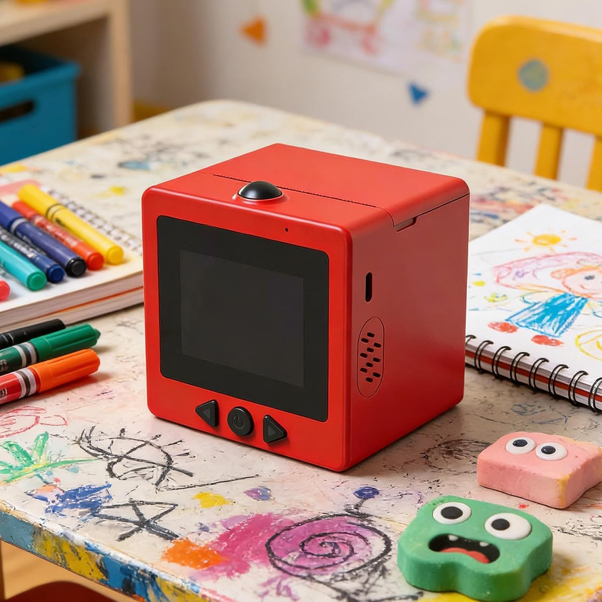 Un dispositivo rojo con pantalla está sobre una mesa colorida y desordenada junto a crayones.