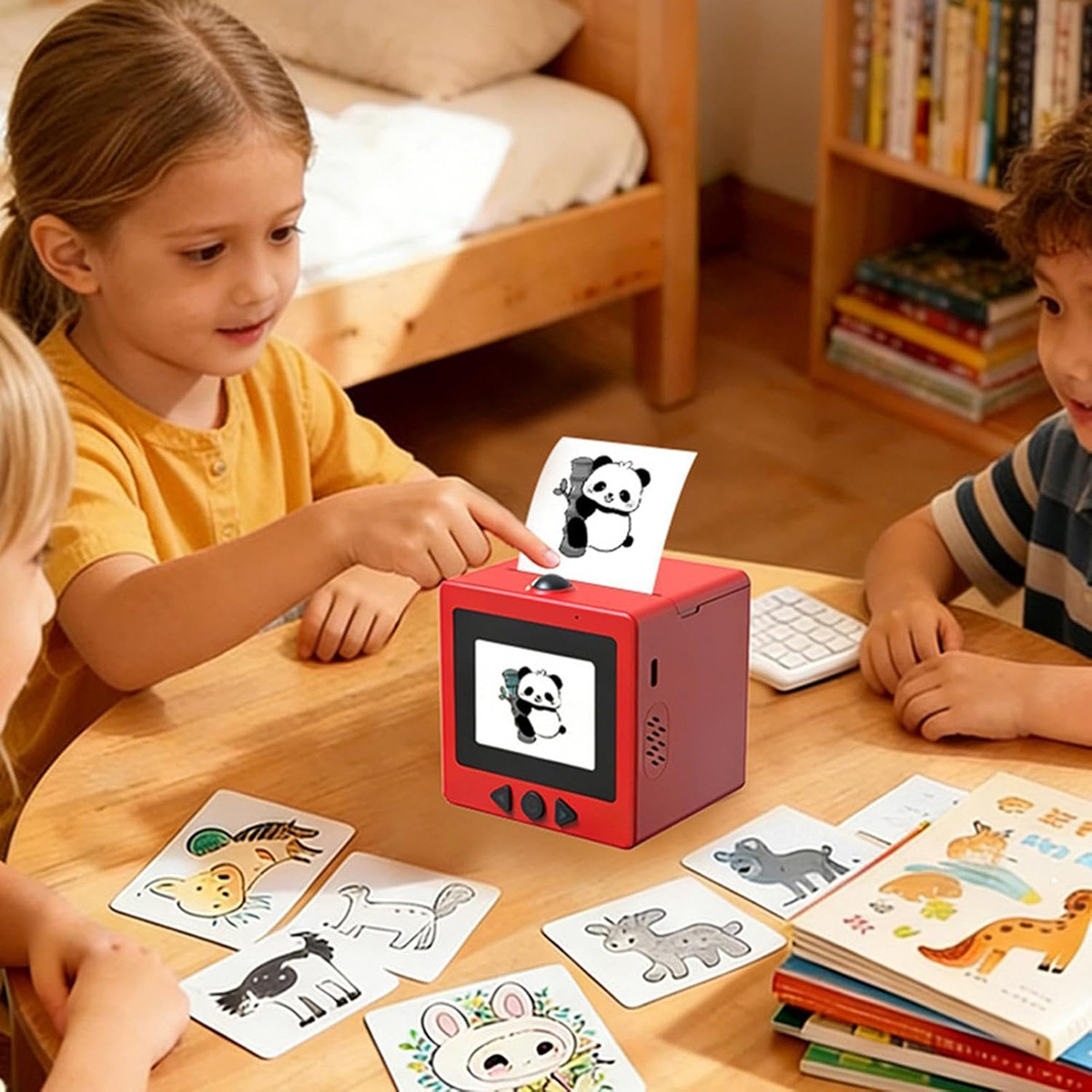 Los niños juegan con una impresora que imprime pandas. Hay tarjetas de animales en la mesa.