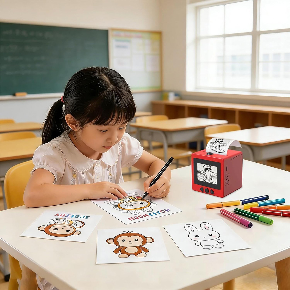 Una niña dibuja en un escritorio en un aula con páginas para colorear y rotuladores en la mesa.