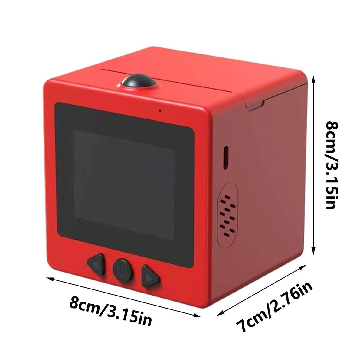 Un dispositivo rojo en forma de cubo con pantalla y botones.