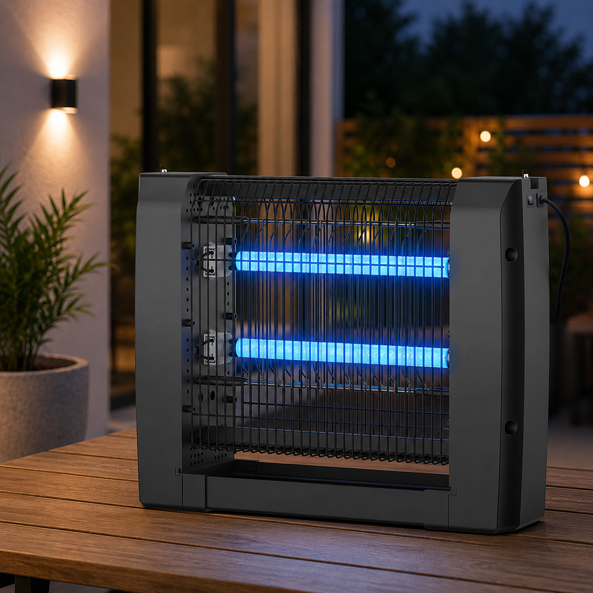 Un mata insectos negro con luces UV azules está sobre una mesa de madera exterior.