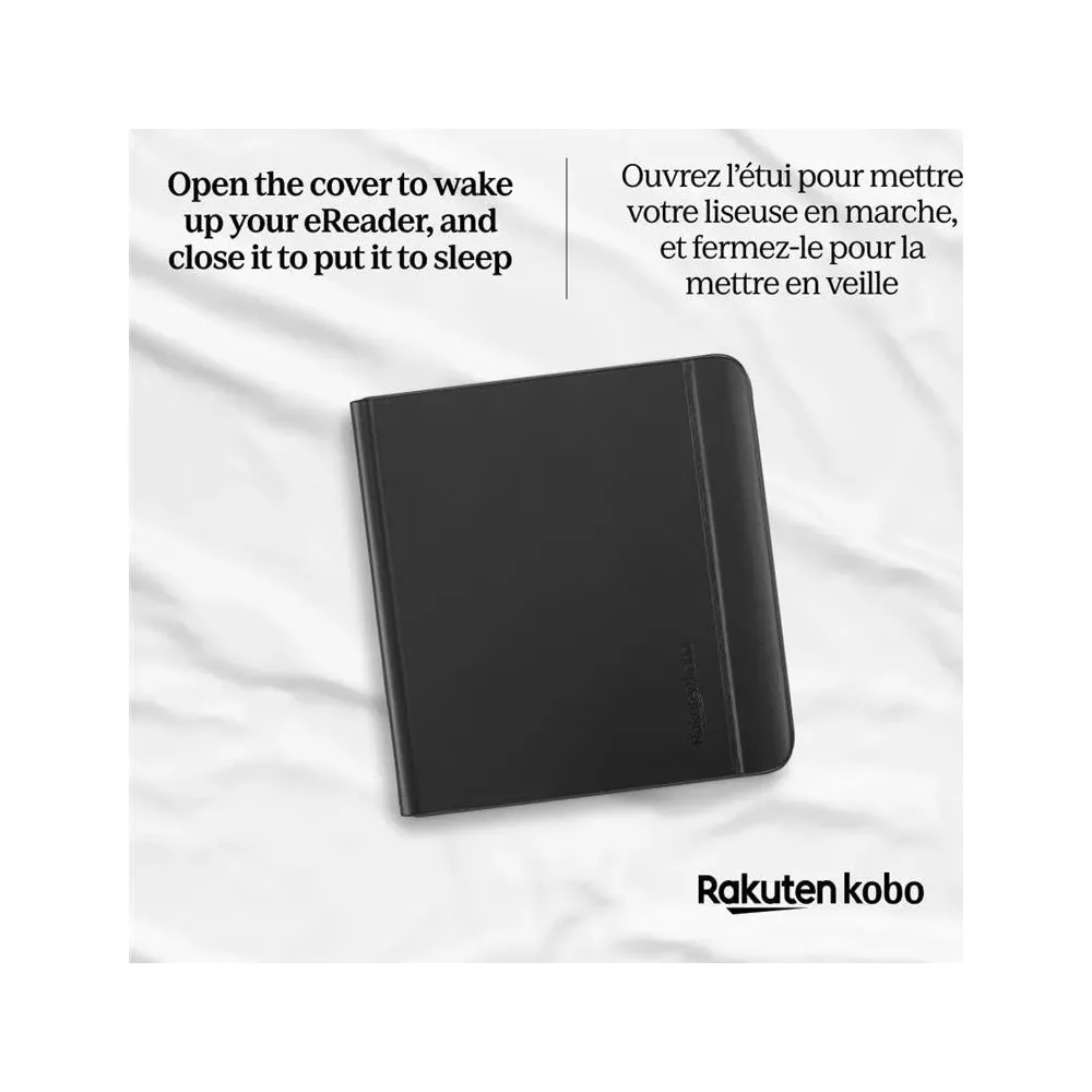 Beyaz kumaş üzerinde siyah e-okuyucu kılıfı. Sağ altta Kobo logosu.