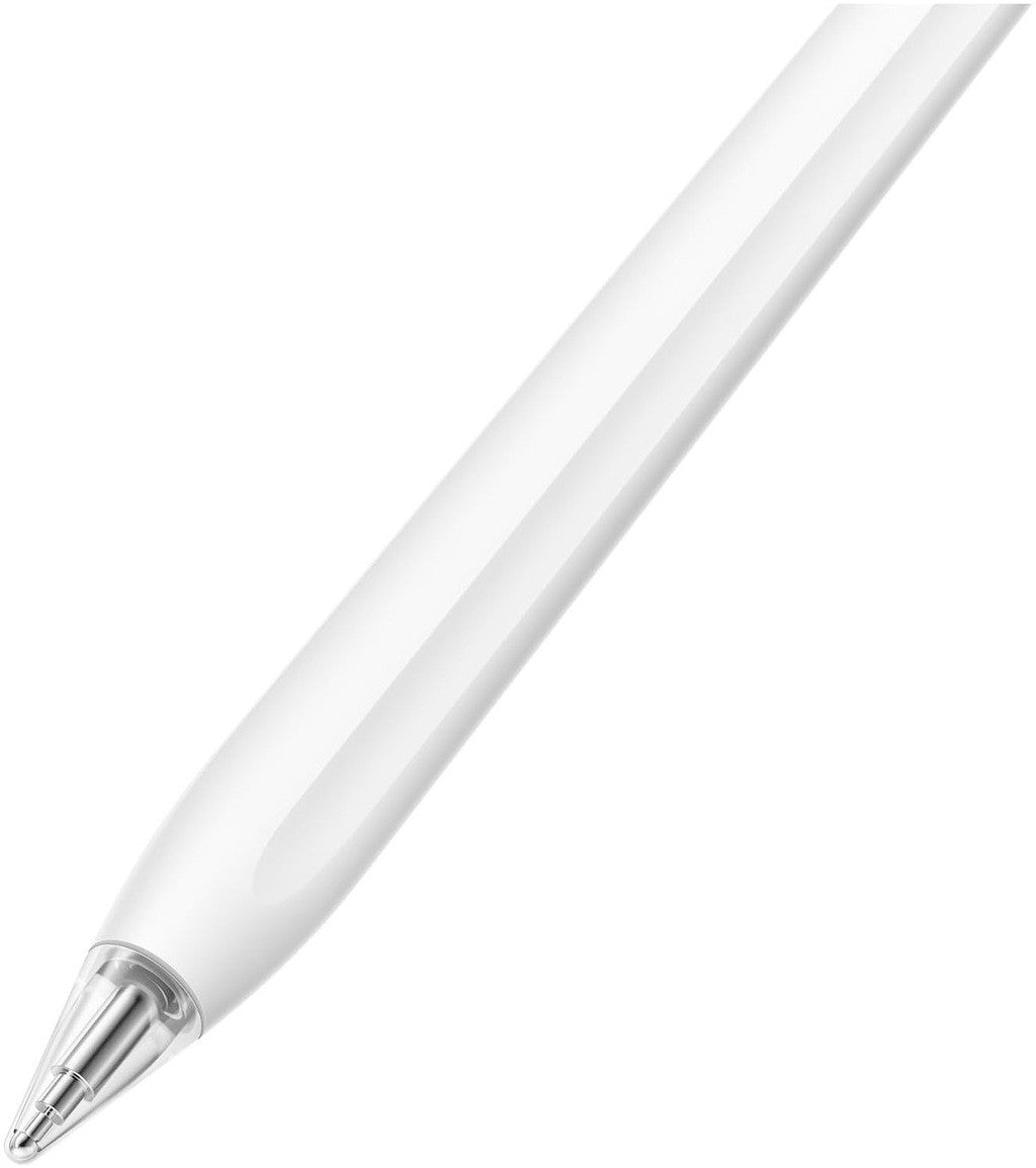Şeffaf uçlu beyaz bir stylus kalem beyaz arka planda gösterilmektedir.