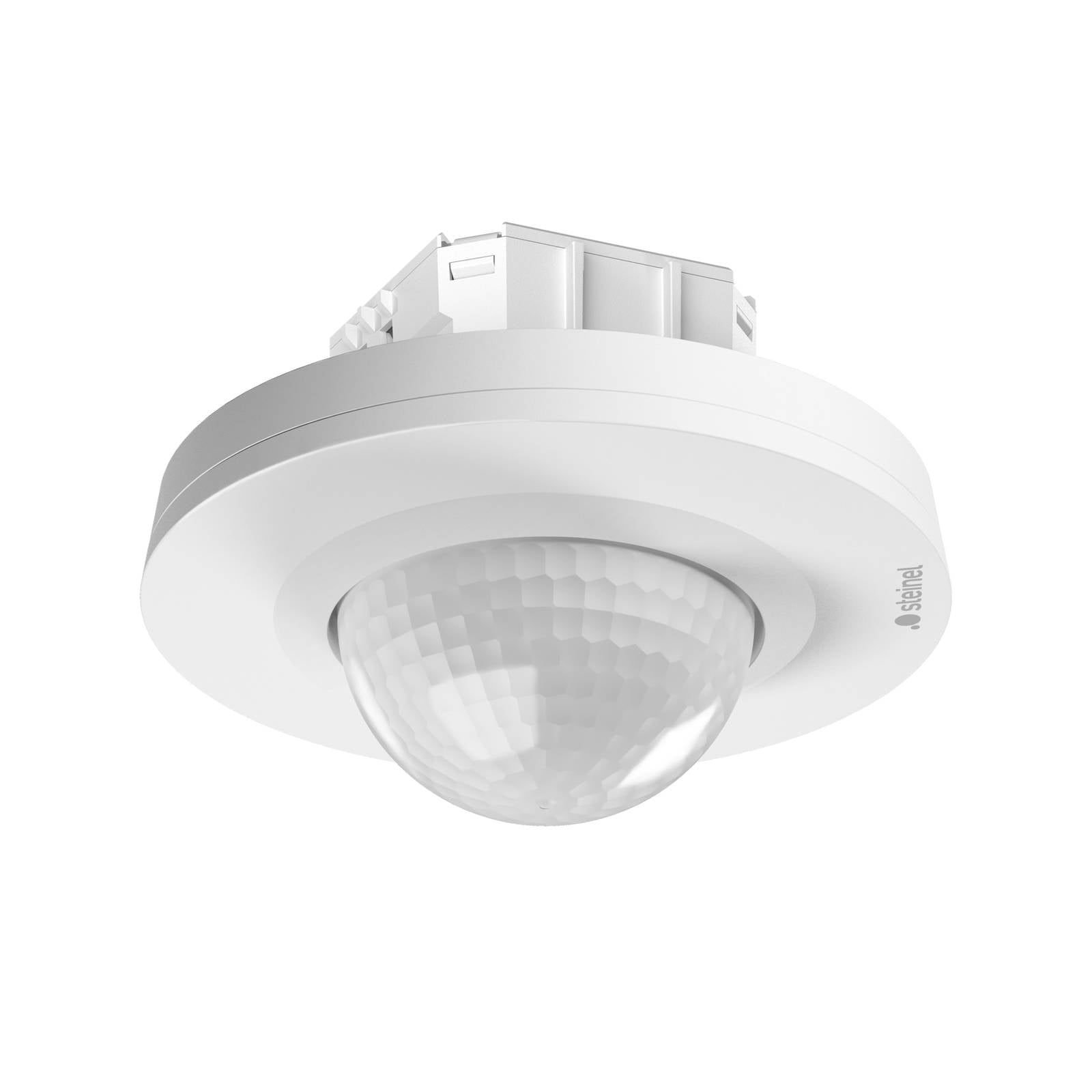 Un sensore di movimento bianco con cupola trasparente e logo Steinel.