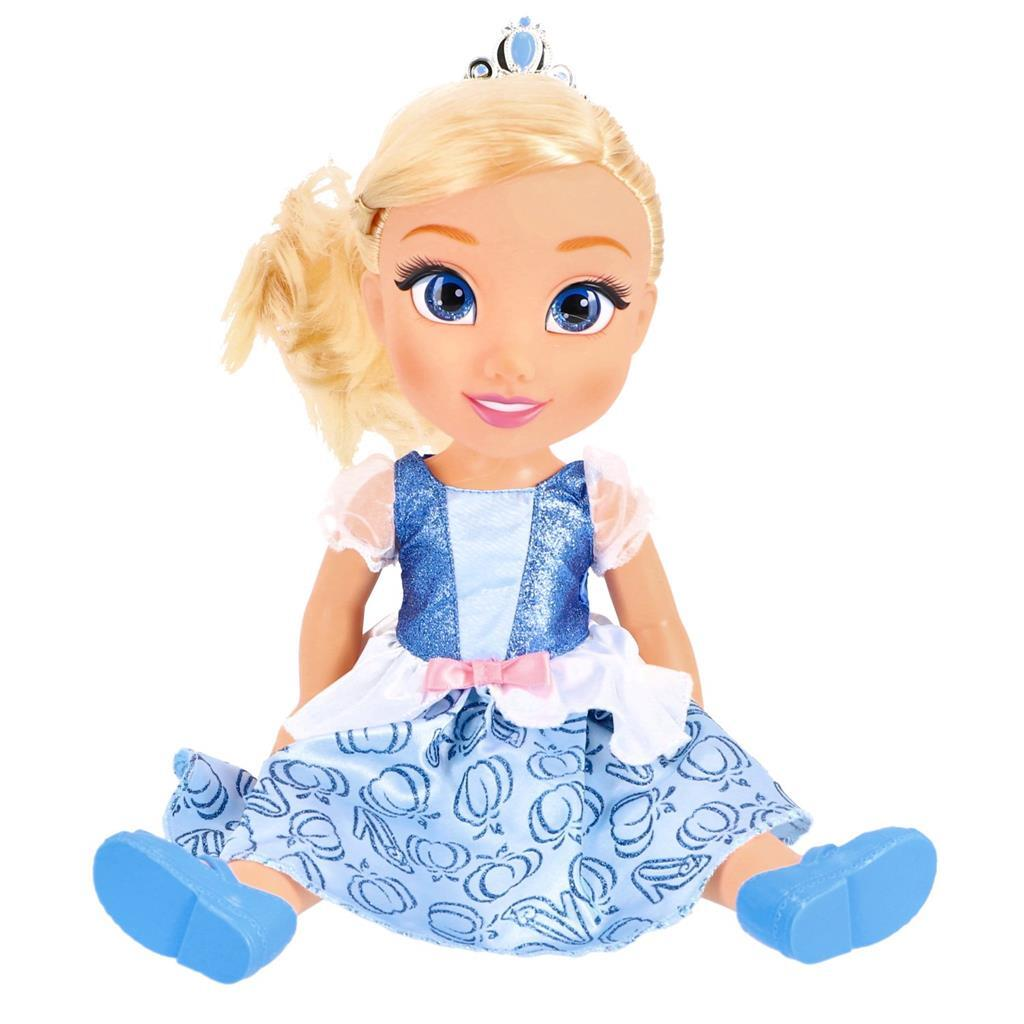 Muñeca de pelo rubio, ojos azules, con vestido azul brillante y tiara.