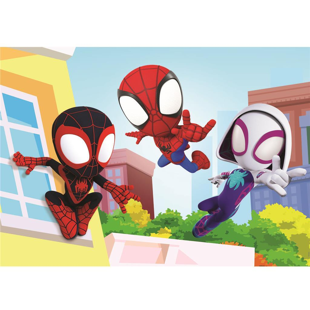 Three Spider-Man characters are jumping in front of a city backdrop and trees.