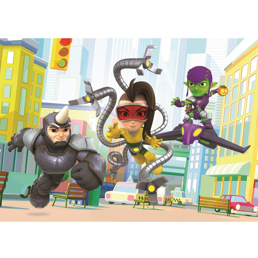 Rhino, Doc Ock, and Green Goblin fight in a city. Yellow and blue buildings in the background.
