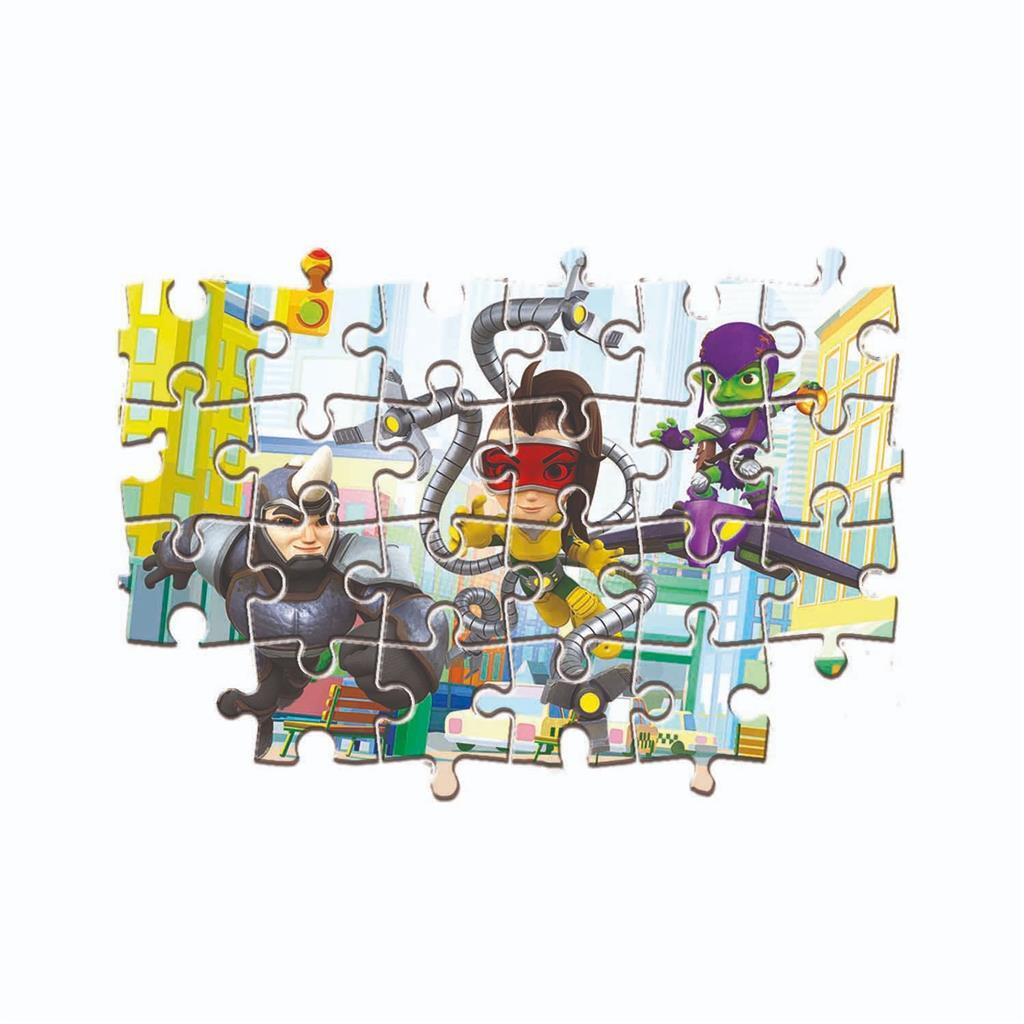 Three cartoon characters in a city scene, a puzzle image.