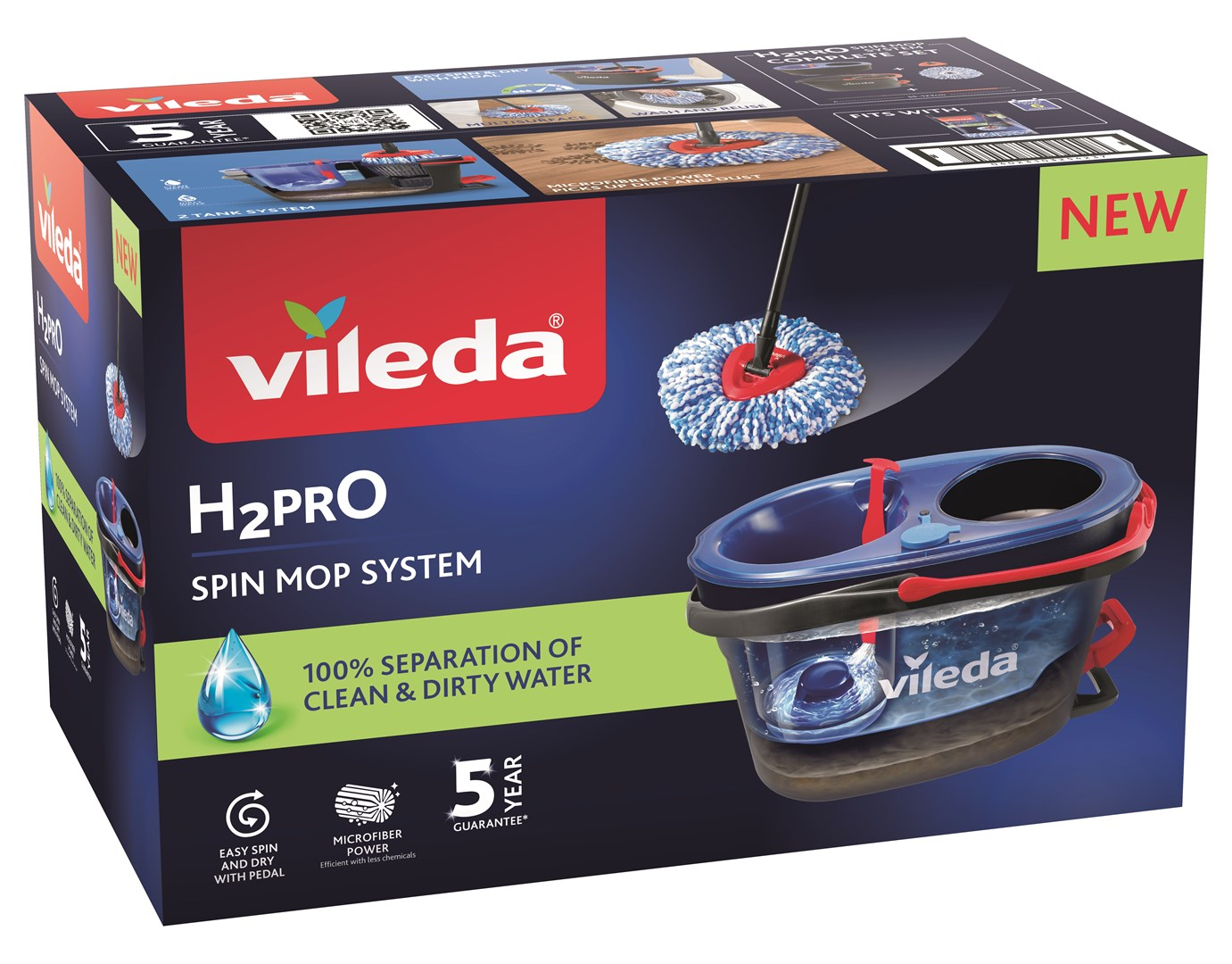 Pudełko systemu mopa obrotowego Vileda H2PRO z mopem i wiadrem. Posiada system 2-zbiornikowy.