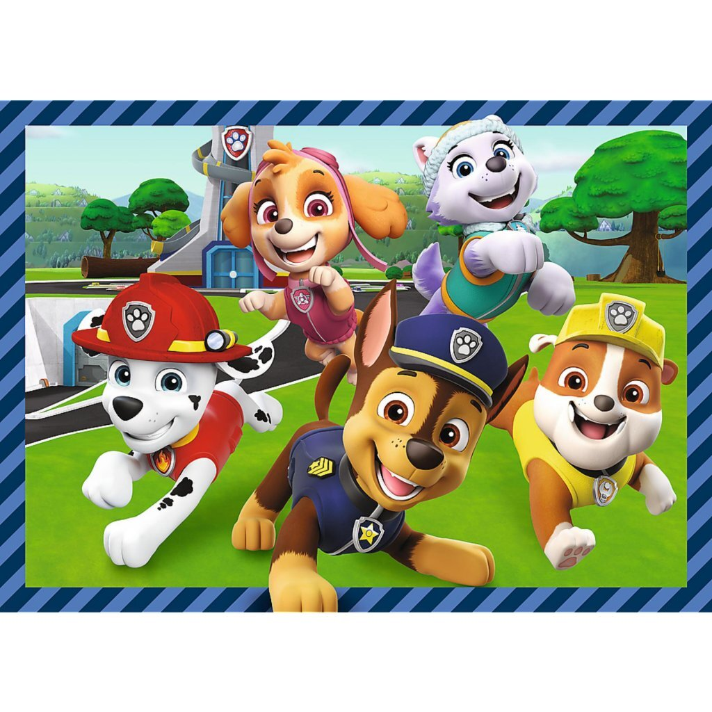 Cinque cuccioli di Paw Patrol corrono sull'erba verde con un edificio dietro.