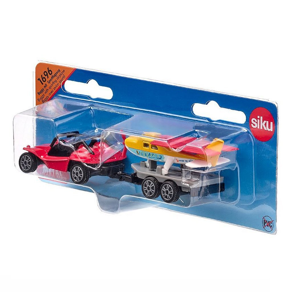 Roter Spielzeugbuggy mit Anhänger und gelb-rotem Sportflugzeug.