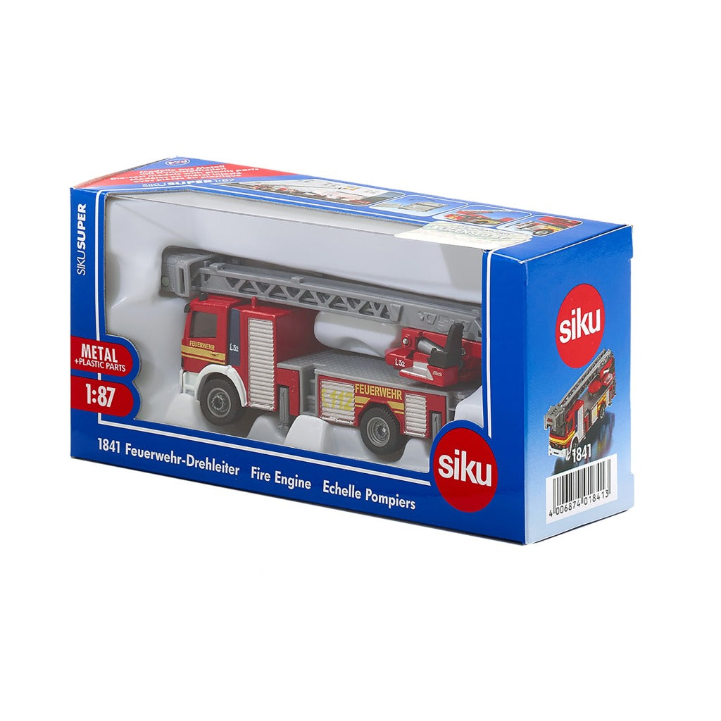 Camión de bomberos de juguete rojo con escalera en caja, escala 1:87.