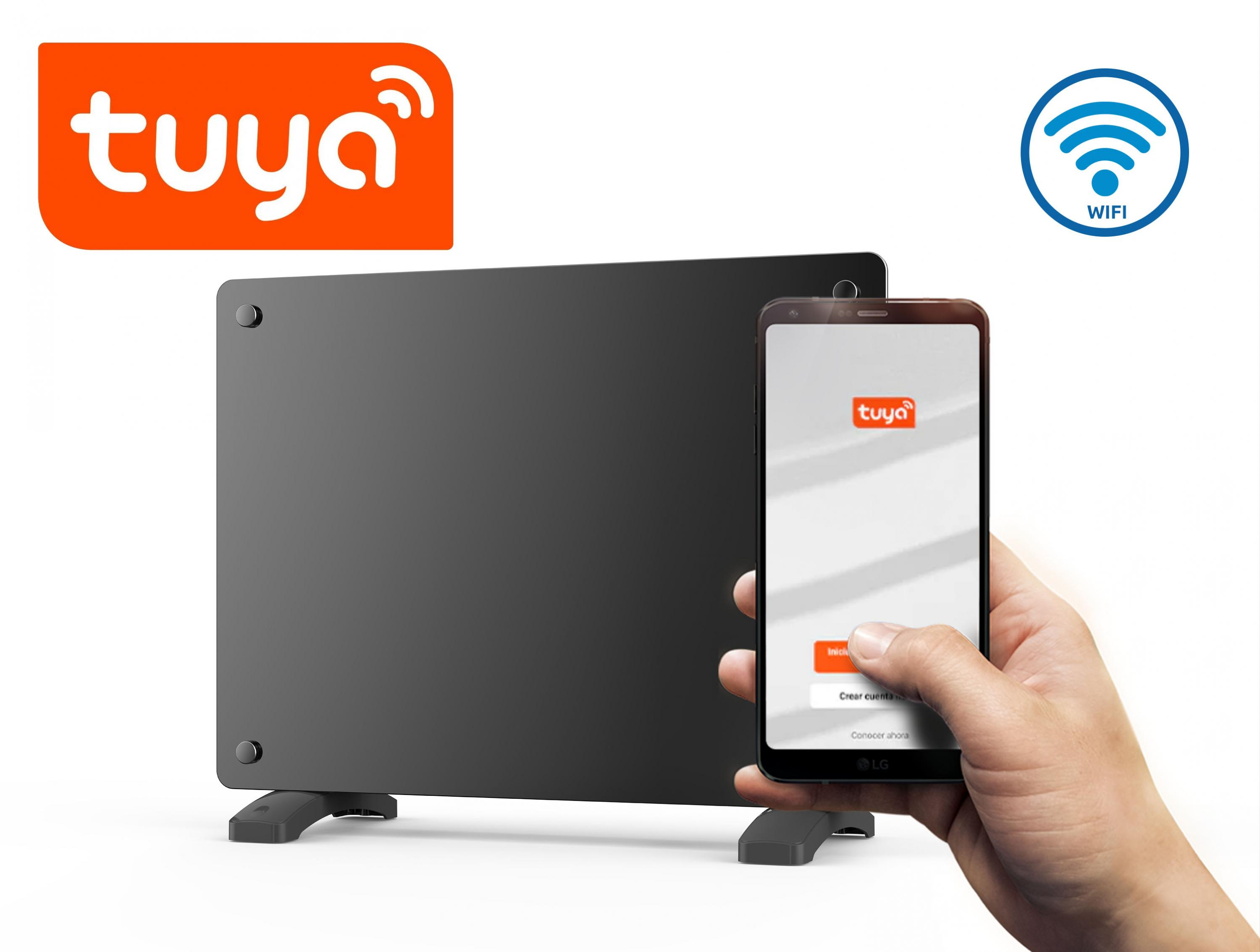 Un radiador negro con logo Tuya y símbolo WiFi. Un smartphone muestra la app Tuya.