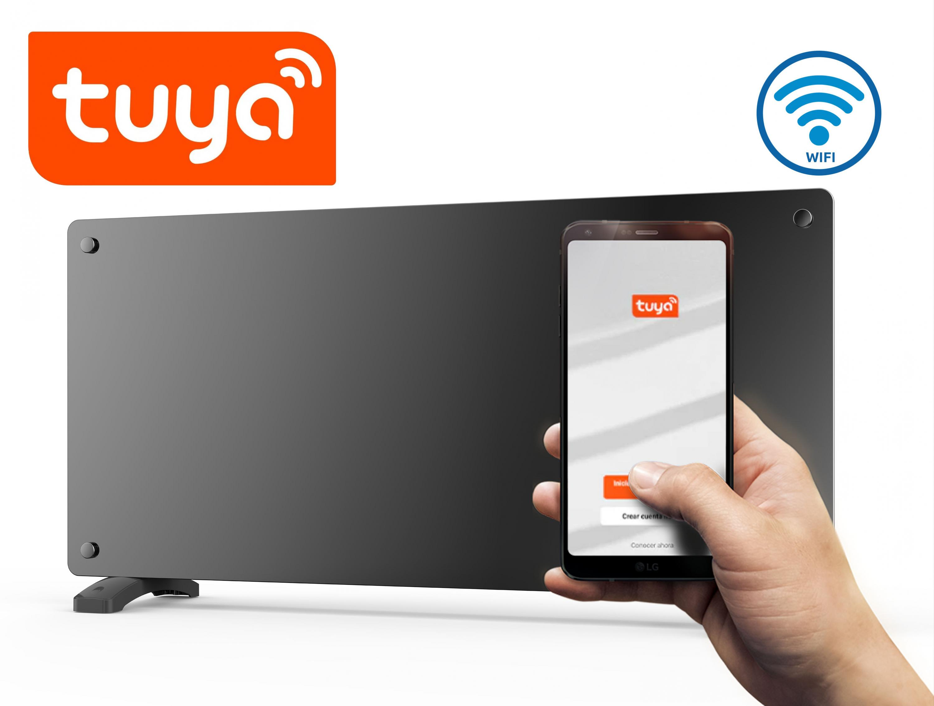 Un smartphone opera un calentador Tuya con conexión Wi-Fi.