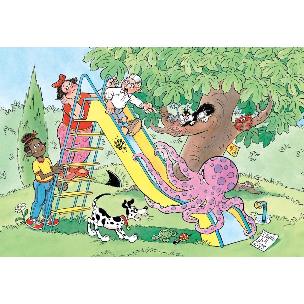 A man slides down a yellow slide with an octopus, dog, and cat in a tree nearby.