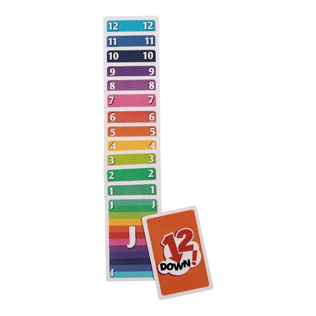 Kaarten genummerd 1-12 en J zijn gestapeld. Eén kaart toont "12 DOWN!".