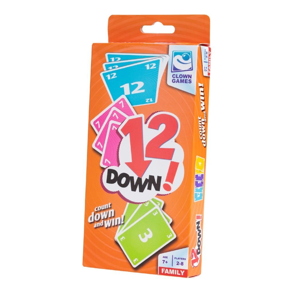 Clown Games "12 DOWN!" kaartspel doos met blauwe, roze en groene kaarten.