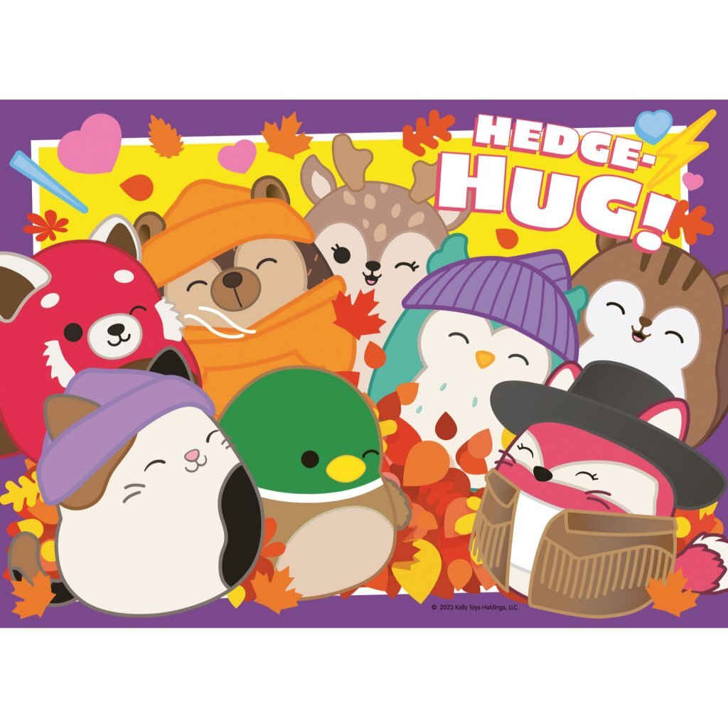 Animales coloridos abrazándose entre hojas de otoño. Texto: HEDGE-HUG!