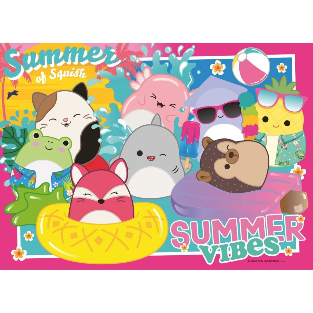 Squishmallows de verano en la playa con helado y pelotas.