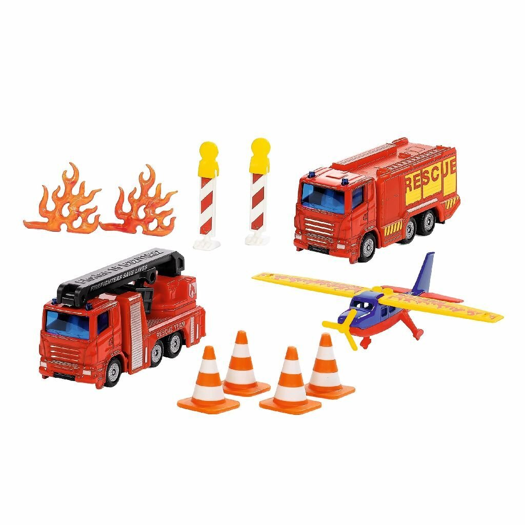 Spielzeug-Rettungsfahrzeuge: Feuerwehrauto, Flugzeug, Pylonen, Flammen.