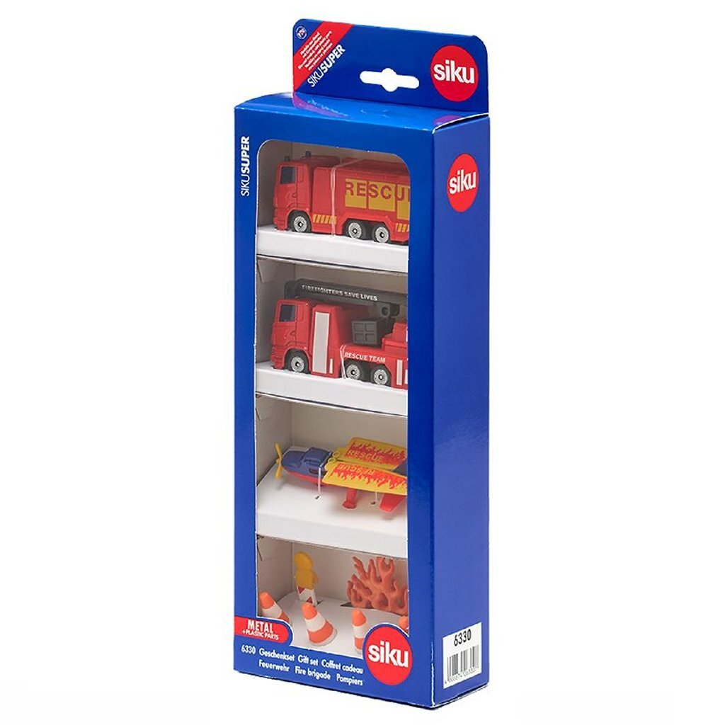 Siku Spielzeug-Feuerwehr-Set in Blisterverpackung mit LKW, Flugzeug und Zubehör.
