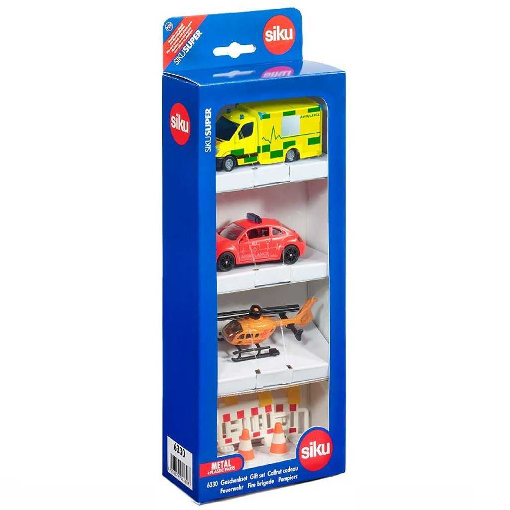 Siku Spielzeug-Set mit Krankenwagen, rotem Auto, Hubschrauber und Pylonen.