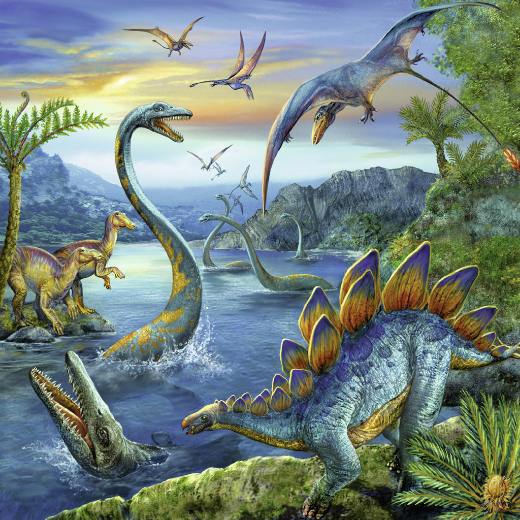 Dinosaurussen en pterosauriërs in een prehistorisch landschap met water en bergen.
