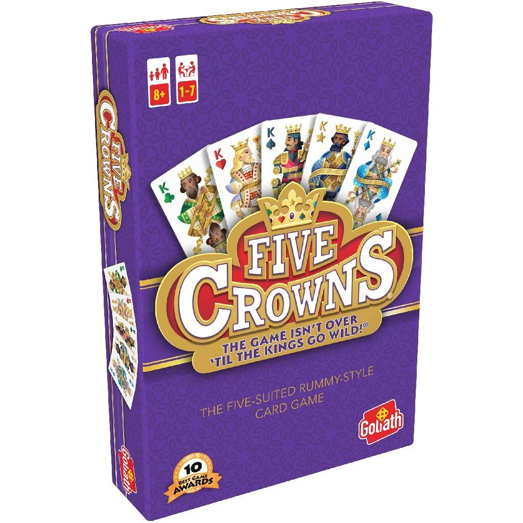 Scatola del gioco di carte Five Crowns, viola con motivo e re. Per 8+ anni.