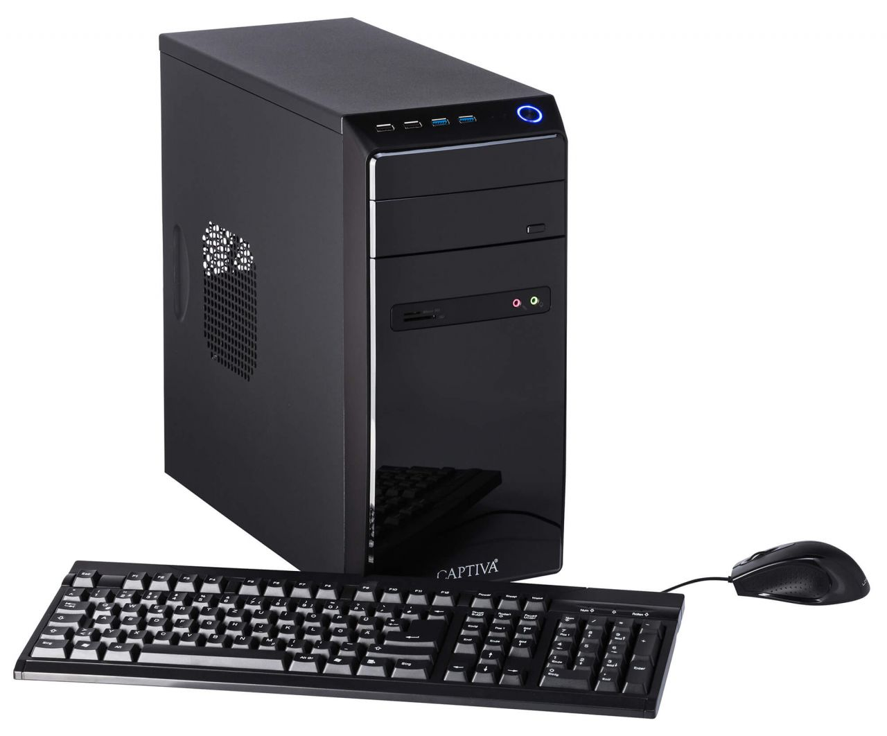 Een zwarte desktopcomputer met toetsenbord en muis op witte achtergrond.