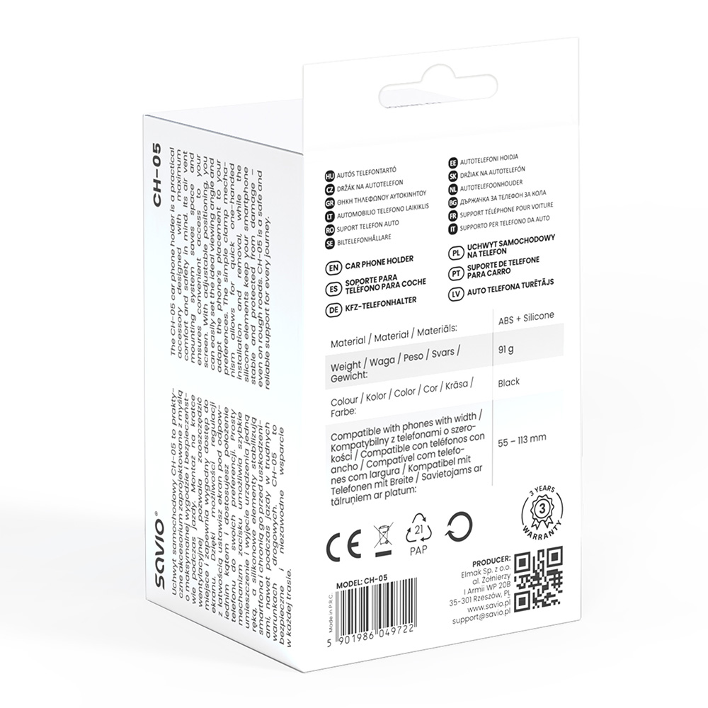 Opakowanie czarnego uchwytu samochodowego na telefon z info o produkcie i logo.