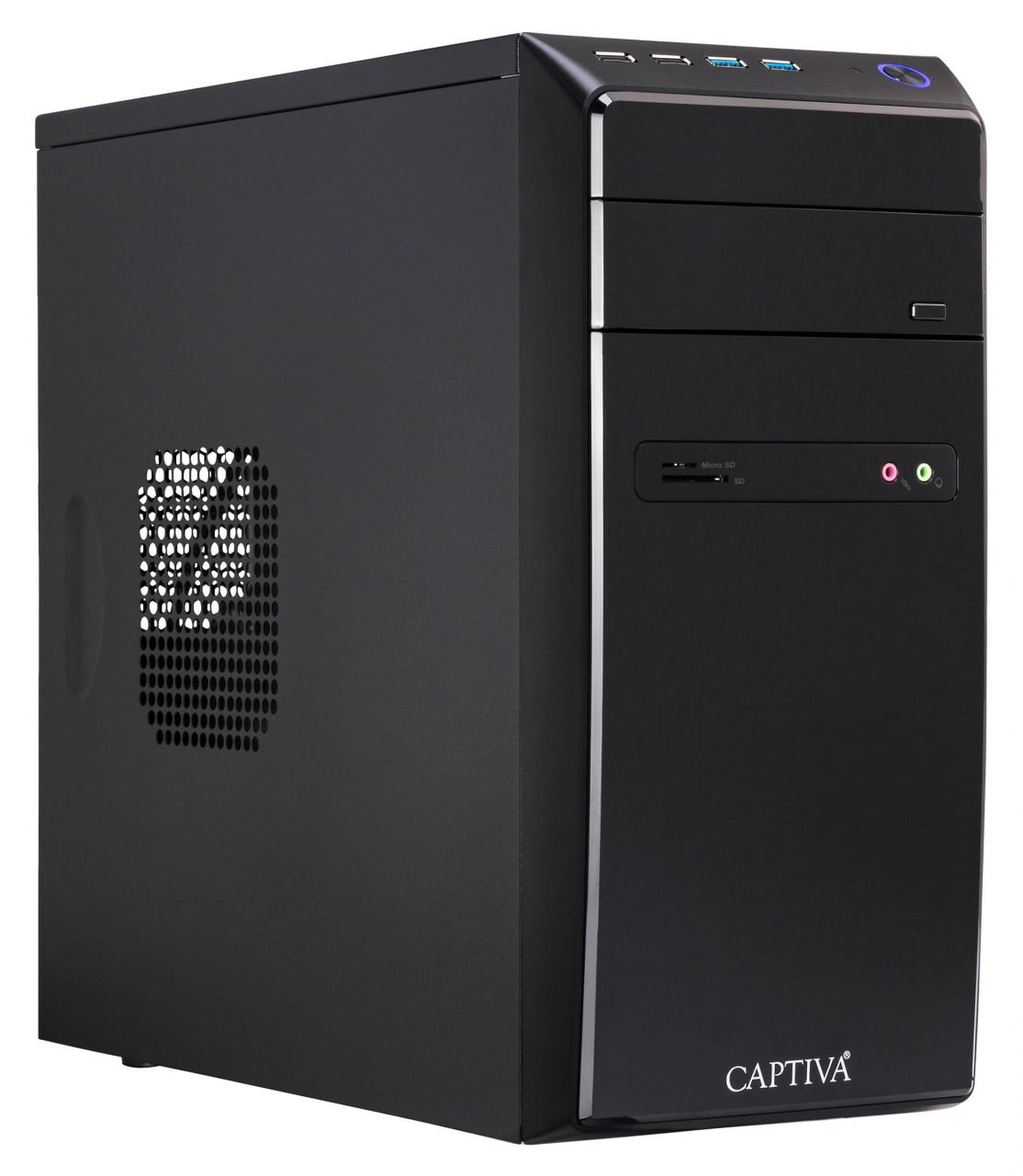 Zwarte computer towerkast met ventilatieopeningen en poorten.