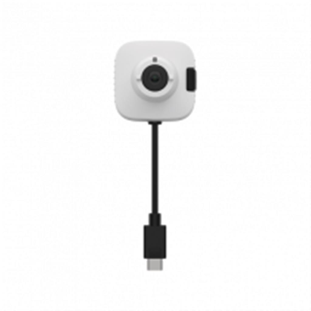 Eine weiße, quadratische Kamera mit schwarzem Objektiv und schwarzem USB-C-Kabel.