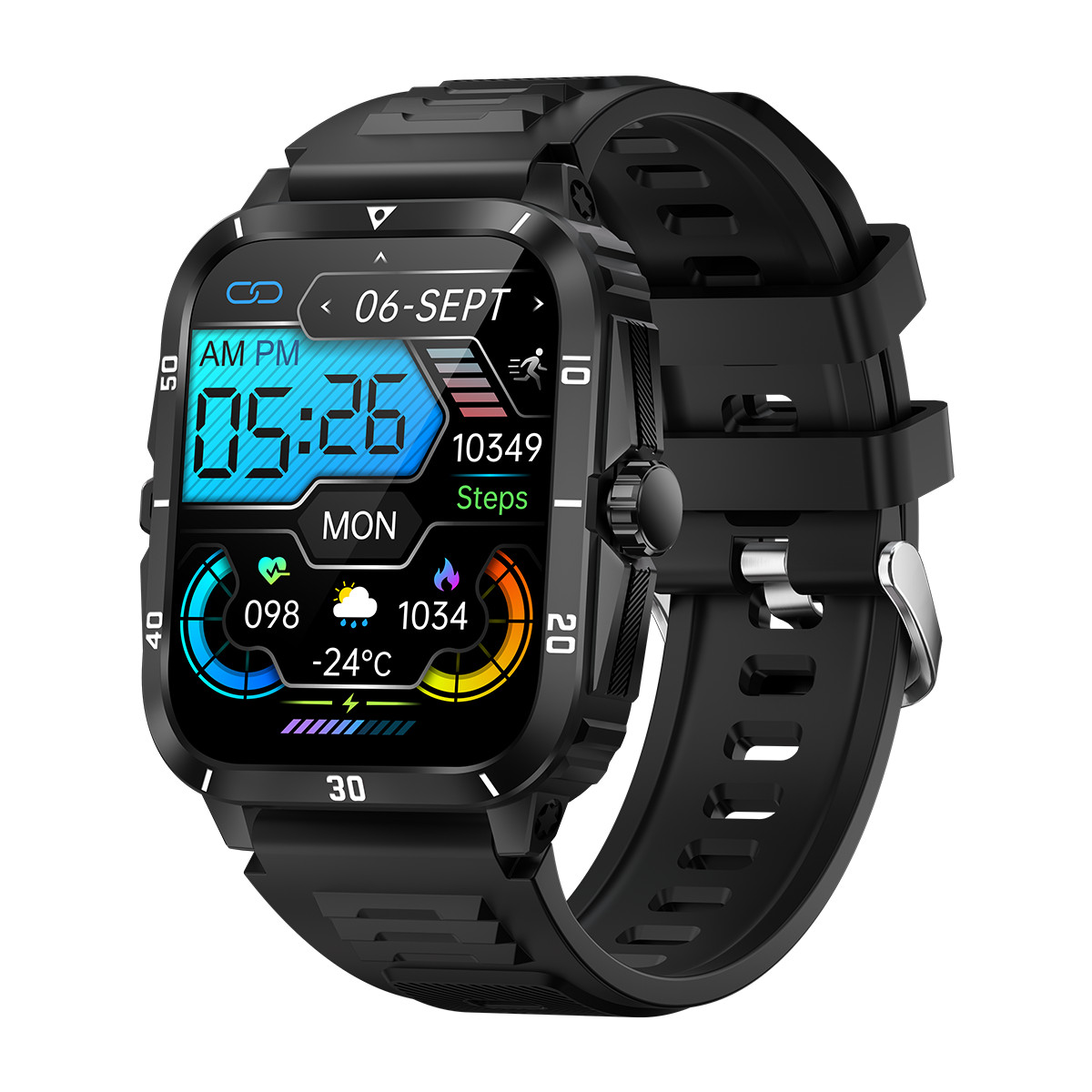 Schwarze Smartwatch mit digitalem Display zeigt 05:26 Uhr, 10349 Schritte, Montag, -24°C.