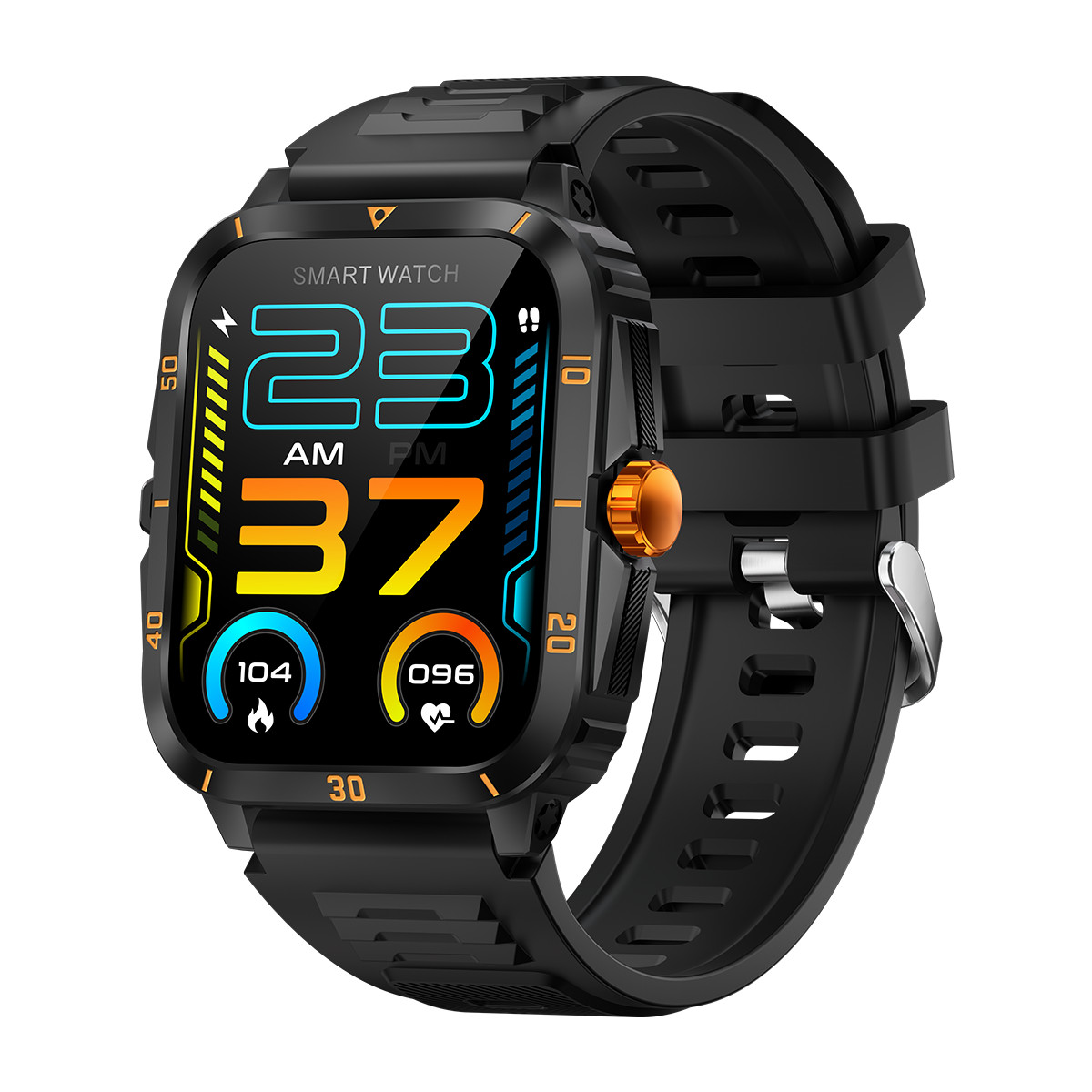 Schwarze Smartwatch mit farbigem Display, das 23:37 Uhr anzeigt.