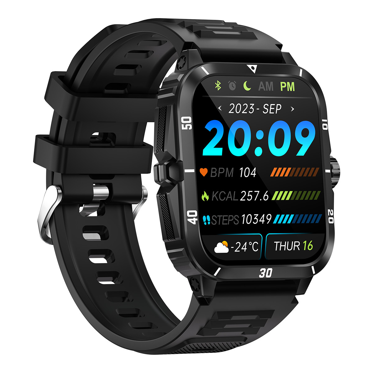 Schwarze Smartwatch mit schwarzem Armband zeigt 20:09, 104 BPM, 257.6 Kcal, 10349 Schritte.