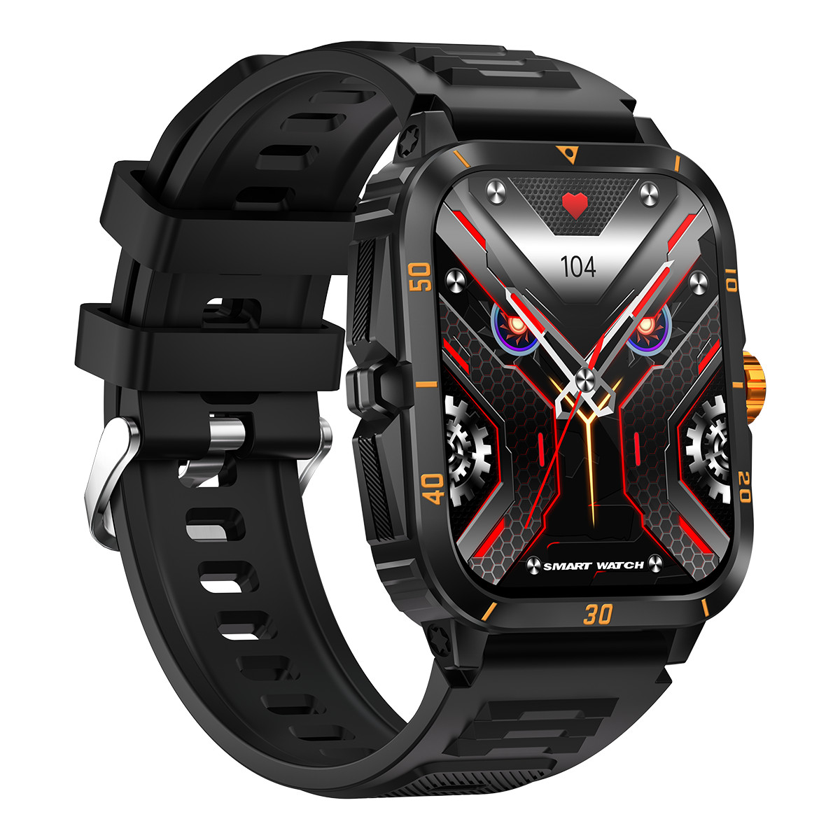 Schwarze Smartwatch mit komplexem, buntem Zifferblatt und schwarzem Armband.