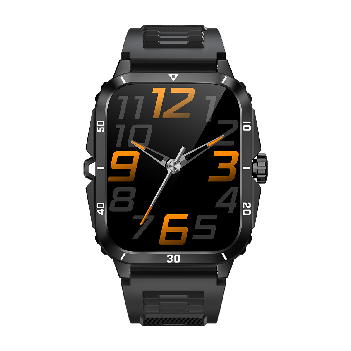 Eine schwarze Smartwatch mit großem Zifferblatt und orangefarbenen Zahlen.