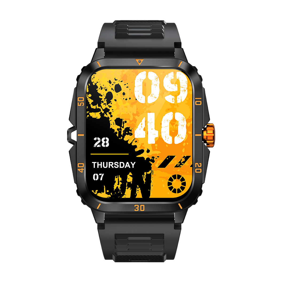 Eine schwarze Smartwatch mit einem orangen und gelben Zifferblatt. Die Zeit ist 09:40.