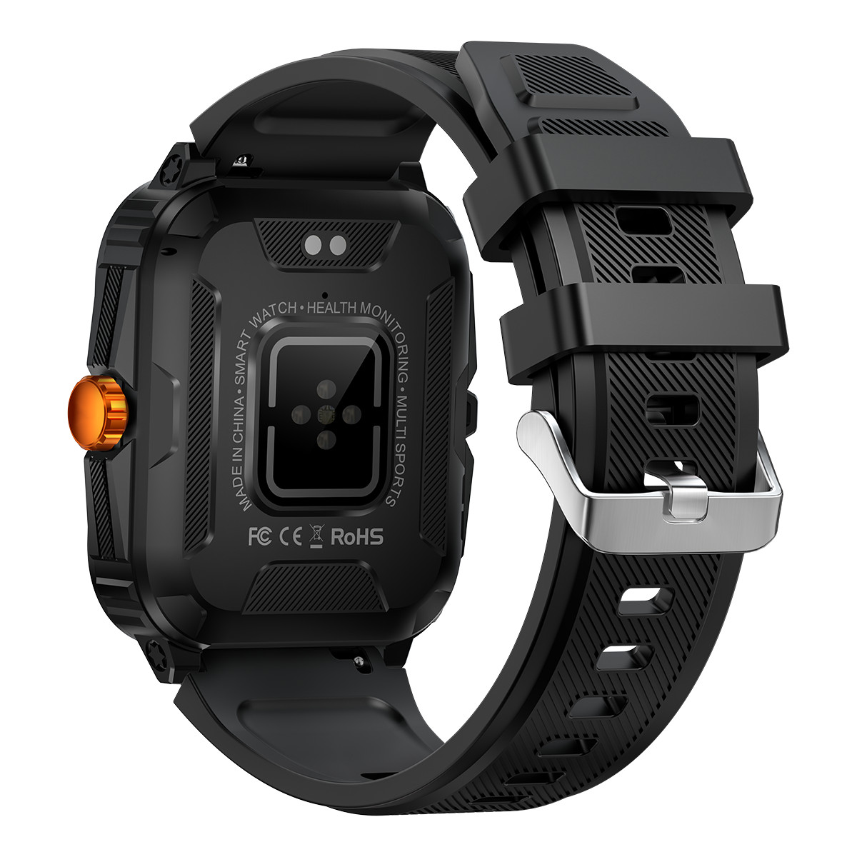Schwarze Smartwatch mit orangefarbenem Knopf und Metallschnalle am Armband.